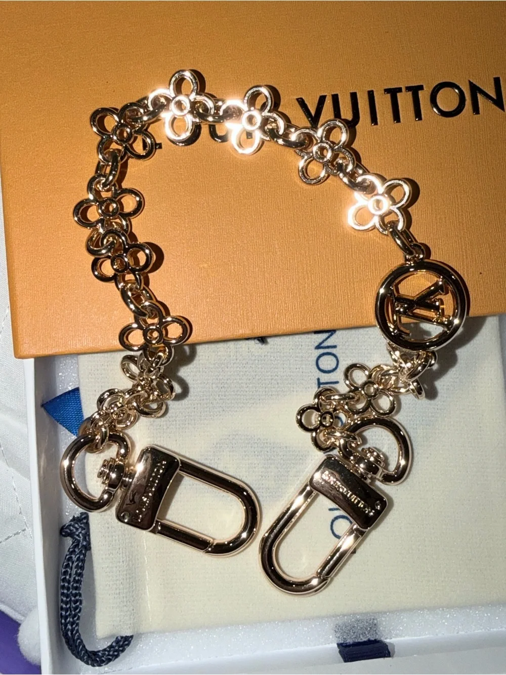 Gold-Tone Flower Charm Key & Card Holder Chain with Removable Charms